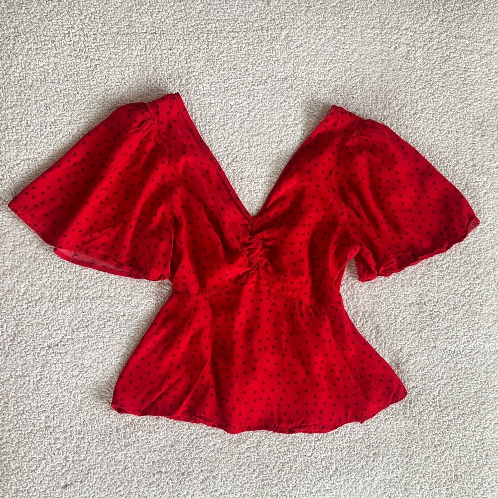 a new day romantic cottage vibrant Red and Black Polka Dot Blouse XS - Picture 4 of 12